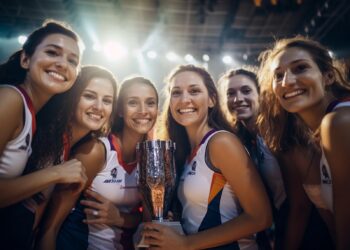 Kupa kaldıran kadın voleybolcular mutlulukla kameralara gülümsüyor.