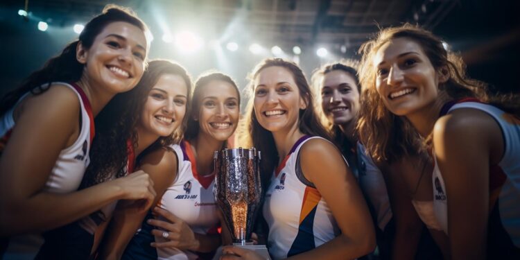Kupa kaldıran kadın voleybolcular mutlulukla kameralara gülümsüyor.