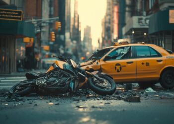 Şehir merkezinde kazaya karışmış sarı taksi ve devrilmiş motosiklet.