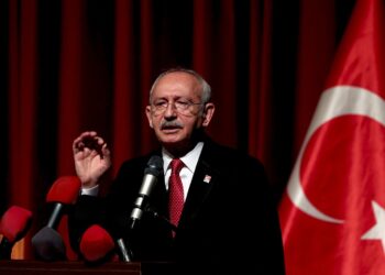 Kırmızı fon önünde mikrofonla konuşan bir siyasetçi ve Türk bayrağı.