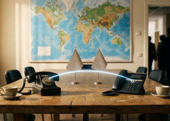 Ahşap masanın üzerinde eski tip ve yeni tip telefonlar arasında mavi ışık çizgisi uzanıyor.