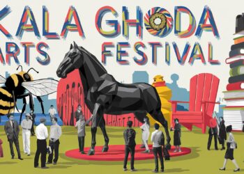 Kala Ghoda Sanat Festivali'ni tanıtan renkli illüstrasyon ve afiş tasarımı.
