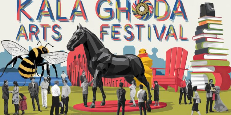 Kala Ghoda Sanat Festivali'ni tanıtan renkli illüstrasyon ve afiş tasarımı.