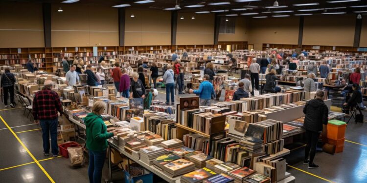 Kültürpark'taki kitap fuarında stantları inceleyen ziyaretçiler ve kitap yığınları.