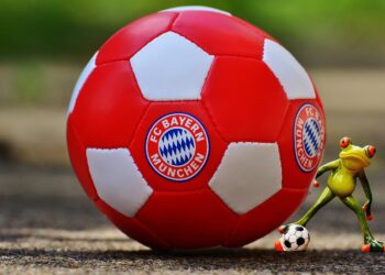 FC Bayern München logolu kırmızı beyaz futbol topu ve yeşil kurbağa figürü.