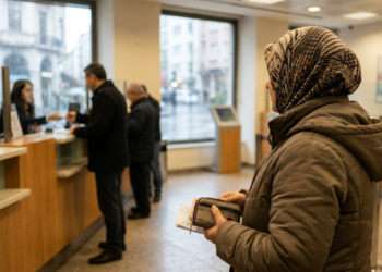 Bankada işlem sırasını bekleyen insanlar, veznede görevli memur ve müşteriler.
