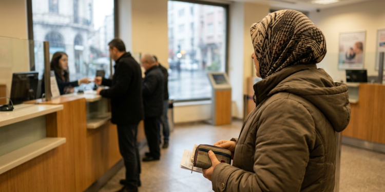 Bankada işlem sırasını bekleyen insanlar, veznede görevli memur ve müşteriler.