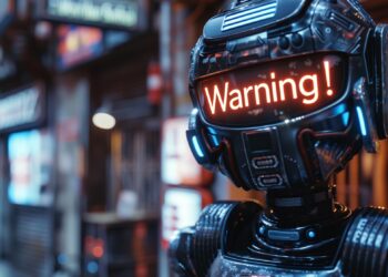 Kırmızı 'Warning!' yazısı bulunan fütüristik robot kafası yakın plan çekimi