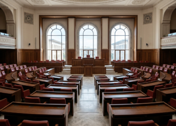 Ahşap kürsü ve sıralarla donatılmış geniş bir parlamento genel kurul salonu.