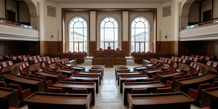 Ahşap kürsü ve sıralarla donatılmış geniş bir parlamento genel kurul salonu.