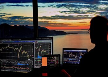 Gün batımı manzarasında borsa ve finans grafikleri inceleyen bir adam.