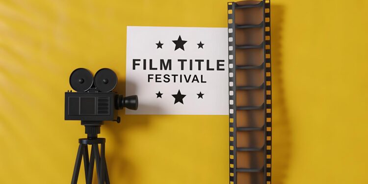 Sarı arka plan önünde eski bir film kamerası ve film şeridi