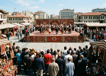 Açık havada yöresel halıların sergilendiği meydanda halk oyunu oynayan dansçılar.