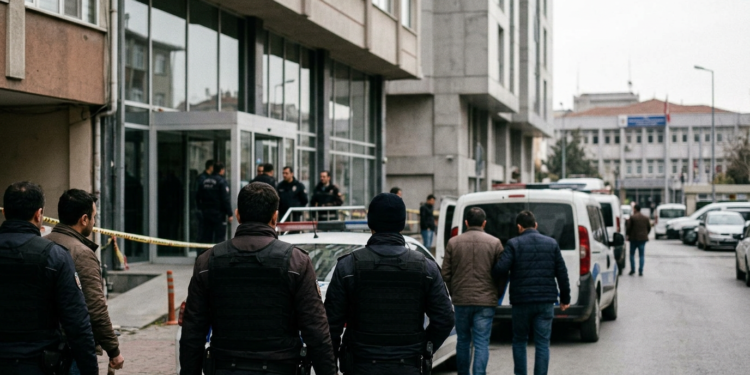 Polis eşliğinde gözaltına alınan şüphelilerin adliye binasına götürülüşü.
