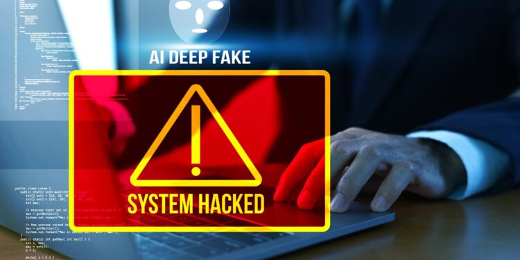 Bilgisayar başında çalışan bir kişinin önünde sistem hacklendi yazısı ve ikaz işareti bulunuyor.