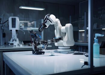 Laboratuvar masası üzerinde karmaşık yapay zeka robotik kol çalışıyor.