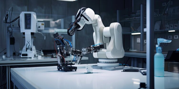 Laboratuvar masası üzerinde karmaşık yapay zeka robotik kol çalışıyor.