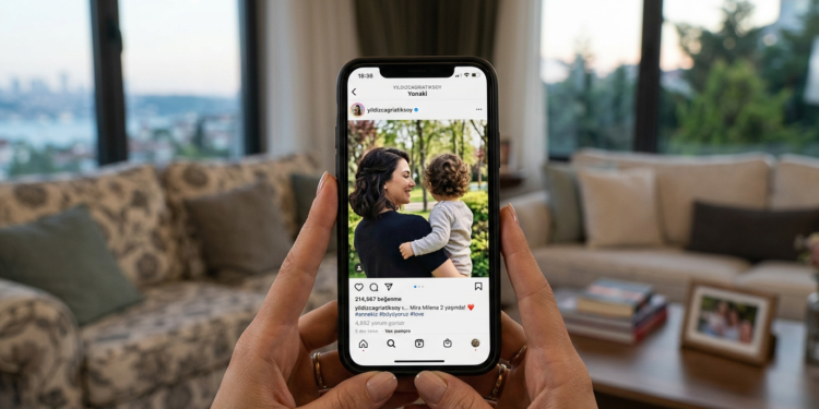 Bir kişinin elinde sosyal medya paylaşımı gösteren akıllı telefon tutuluyor.