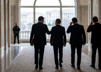 Takım elbiseli diplomatlar Washington'da tarihi bir binanın koridorunda yürüyor.