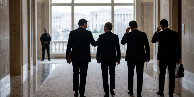 Takım elbiseli diplomatlar Washington'da tarihi bir binanın koridorunda yürüyor.